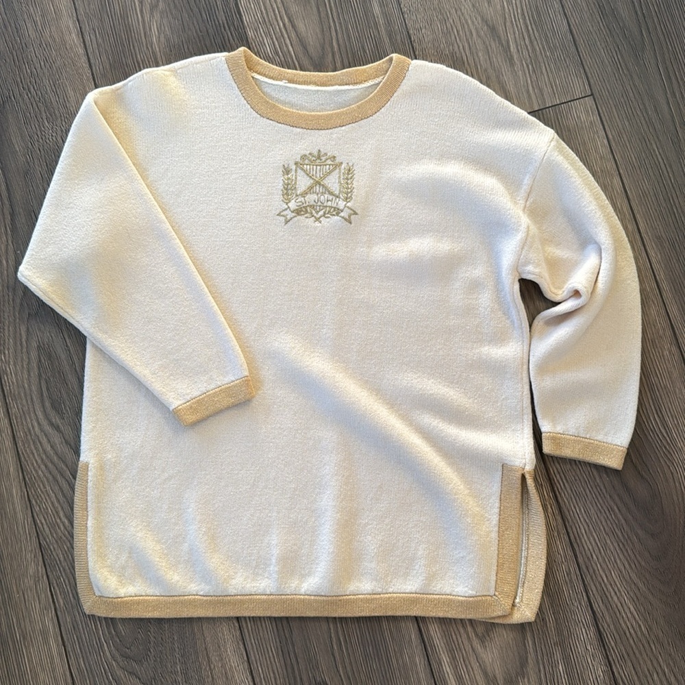 St John medium Santana Knit Sweater Cream Ivory with metallic gold crest